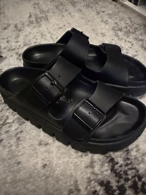 Papillio by Birkenstock Black leather Double-Buckle Platform Slides